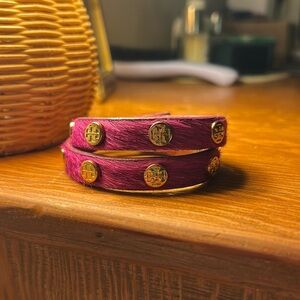Tory Burch purple fur and gold wrap bracelet